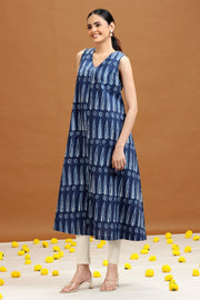 Indigo Blue Printed A-Line Cotton Dress