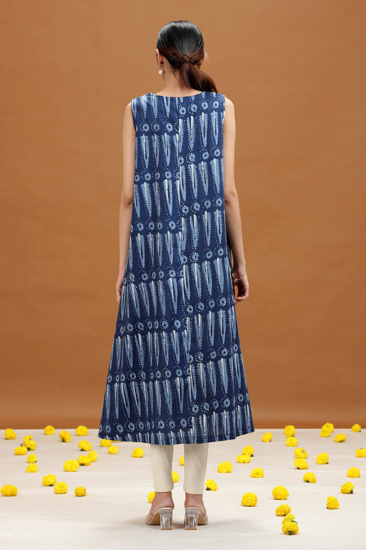 Indigo Blue Printed A-Line Cotton Dress