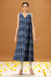 Indigo Blue Printed A-Line Cotton Dress