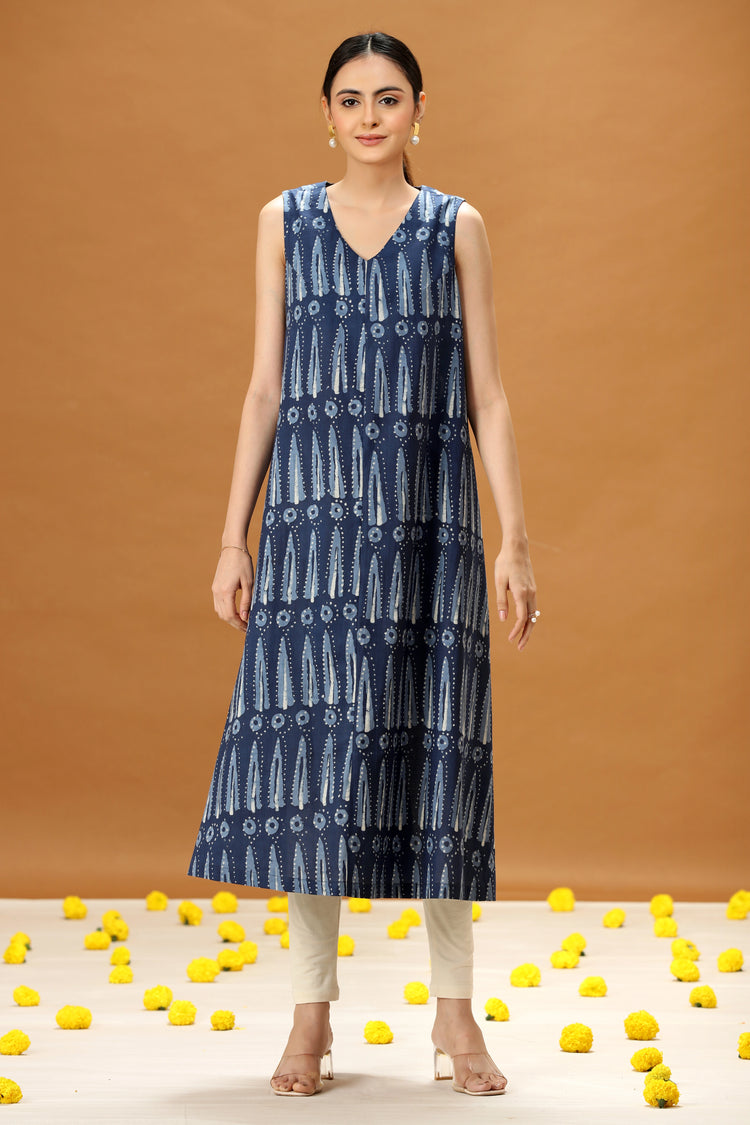 Indigo Blue Printed A-Line Cotton Dress