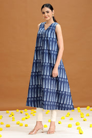 Indigo Blue Printed A-Line Cotton Dress