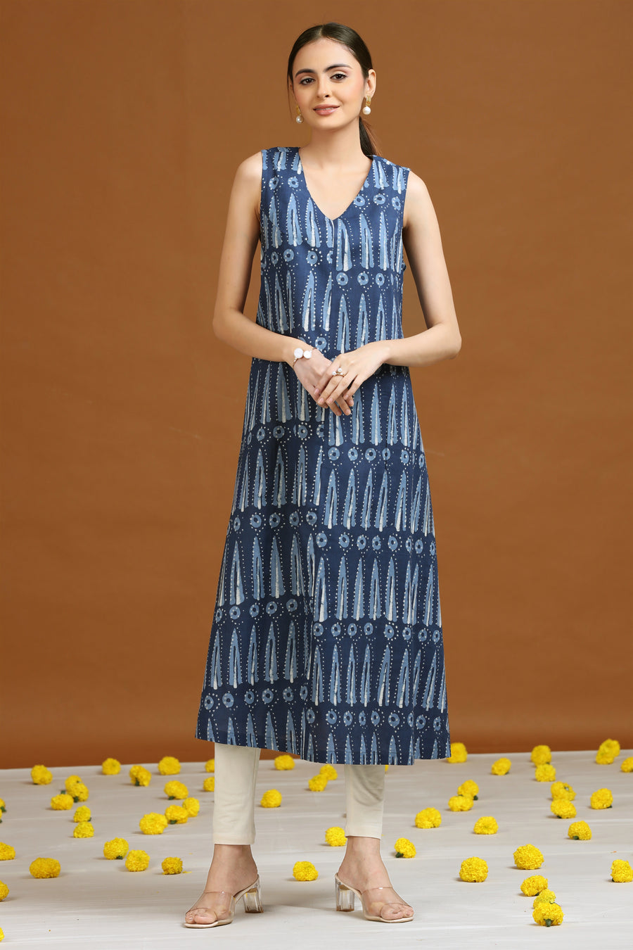 Indigo Blue Printed A-Line Cotton Dress