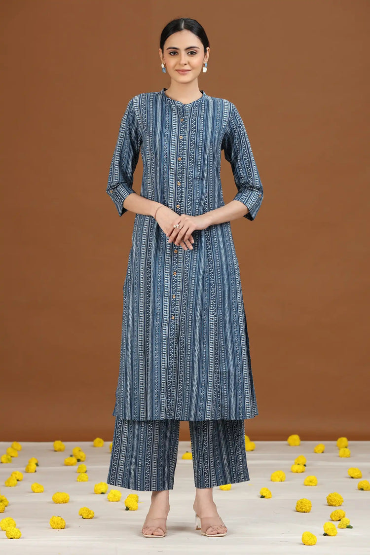 Indigo Blue Printed Cotton A-Line Kurta
