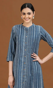 Indigo Blue Printed Cotton A-Line Kurta