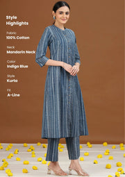 Indigo Blue Printed Cotton A-Line Kurta