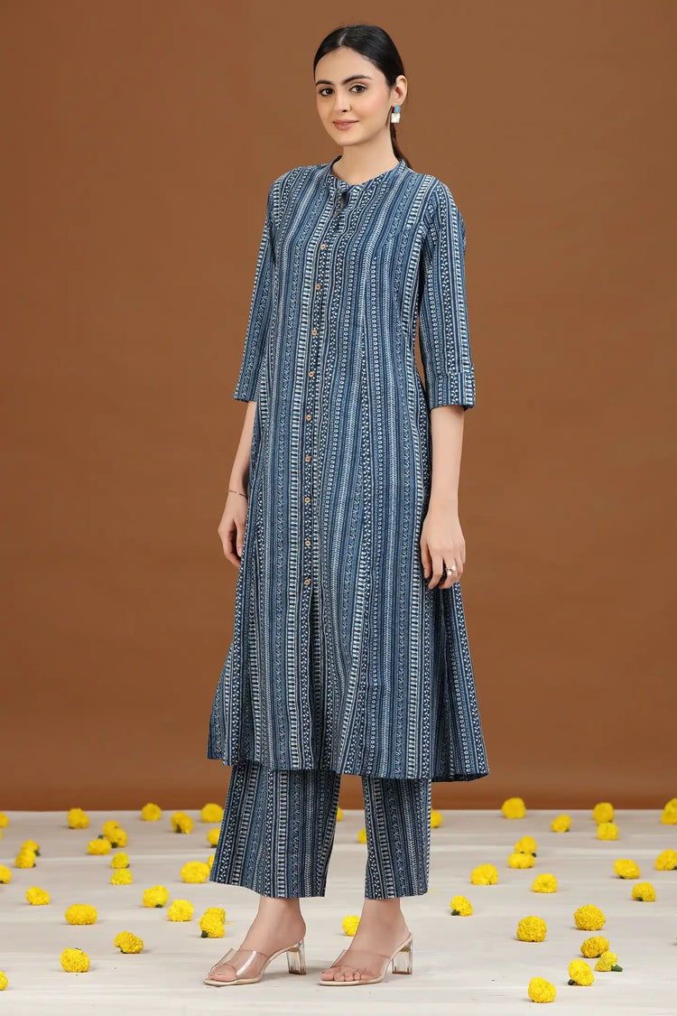 Indigo Blue Printed Cotton A-Line Kurta