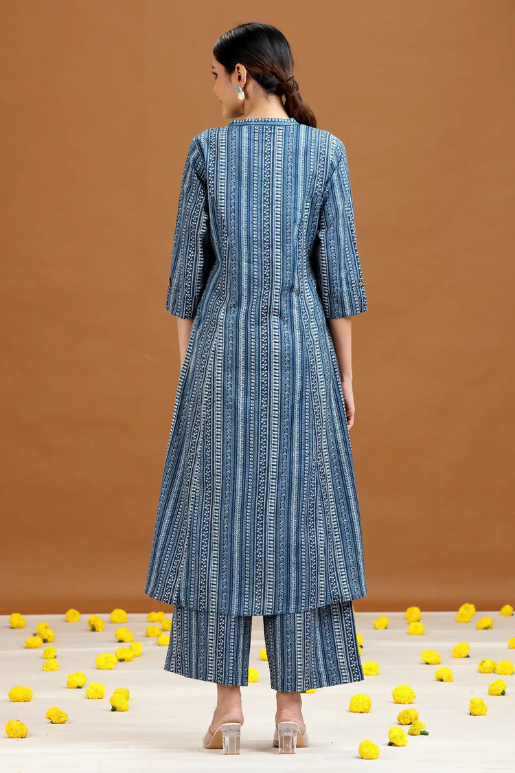 Indigo Blue Printed Cotton A-Line Kurta