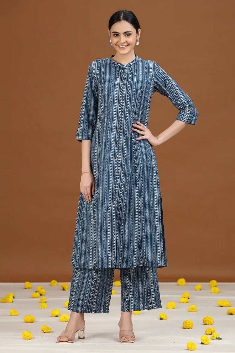 Indigo Blue Printed Cotton A-Line Kurta