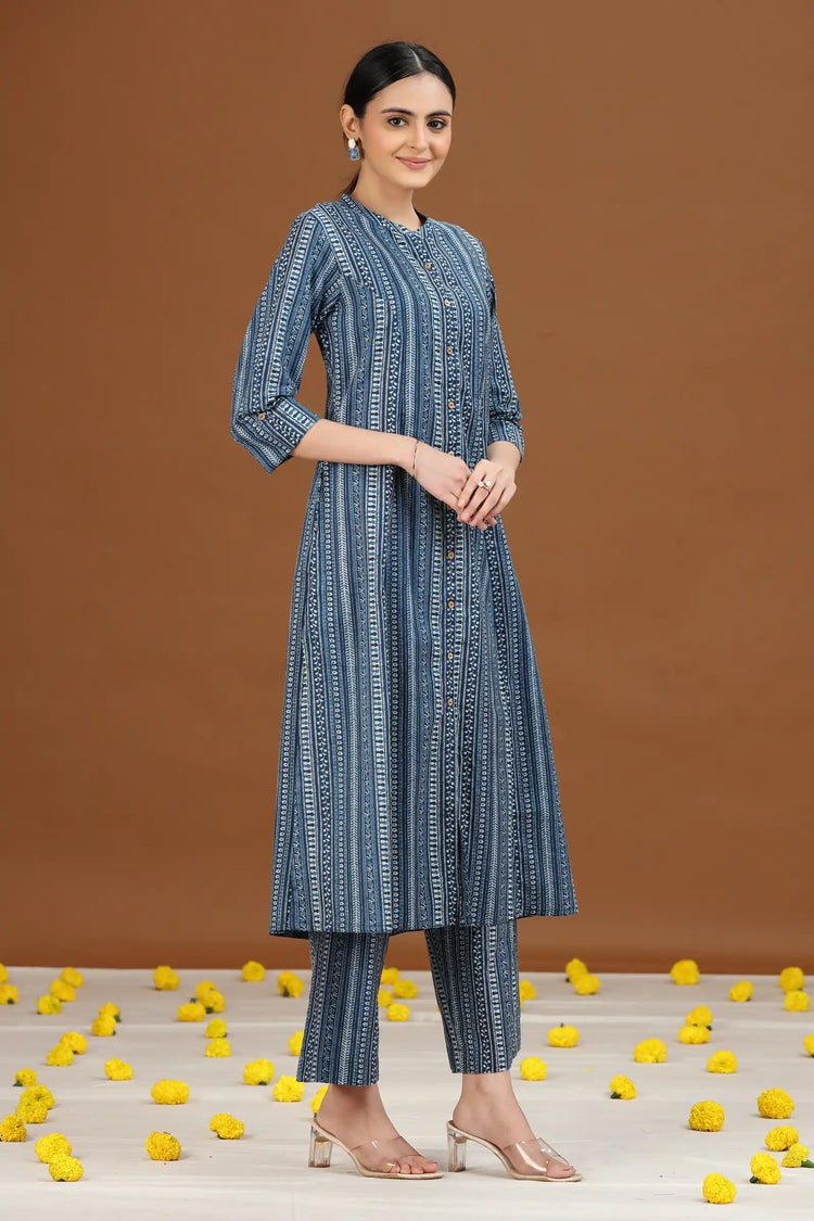 Indigo Blue Printed Cotton A-Line Kurta