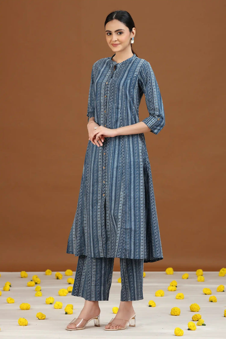 Indigo Blue Printed Cotton A-Line Kurta