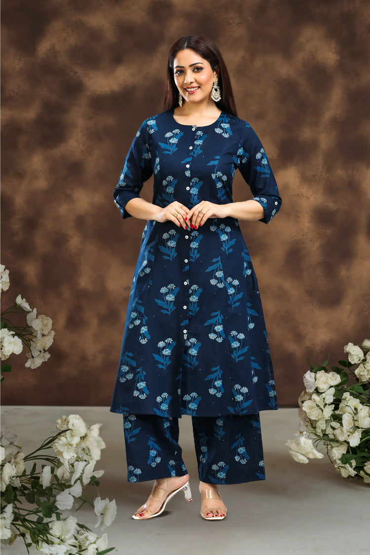 Indigo Blue Printed Cotton Flex A Line Kurta Pant Co ord Set for women