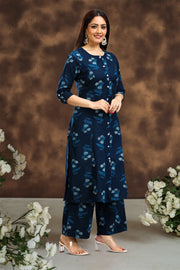 Indigo Blue Printed Cotton Flex A Line Kurta Pant Co ord Set for women