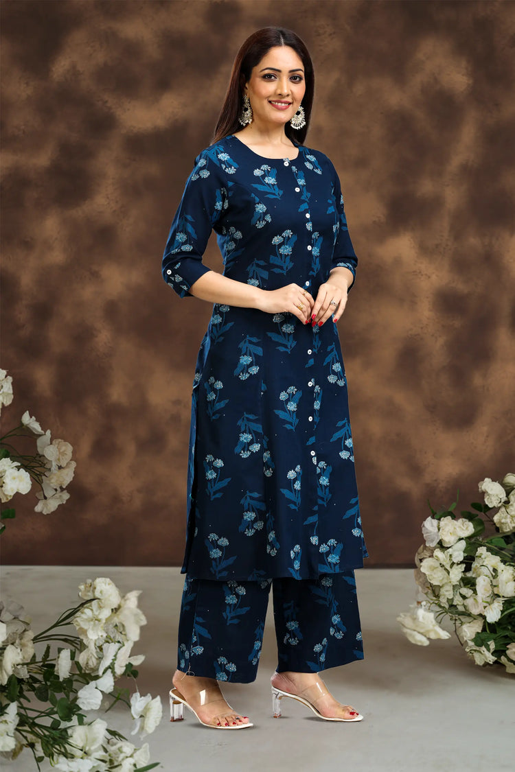 Indigo Blue Printed Cotton Flex A Line Kurta Pant Co ord Set for women