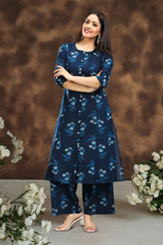 Indigo Blue Printed Cotton Flex A Line Kurta Pant Co ord Set for women
