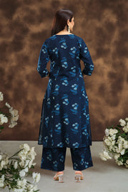 Indigo Blue Printed Cotton Flex A Line Kurta Pant Co ord Set for women