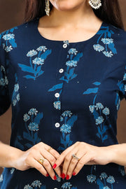 Indigo Blue Printed Cotton Flex A Line Kurta Pant Co ord Set for women