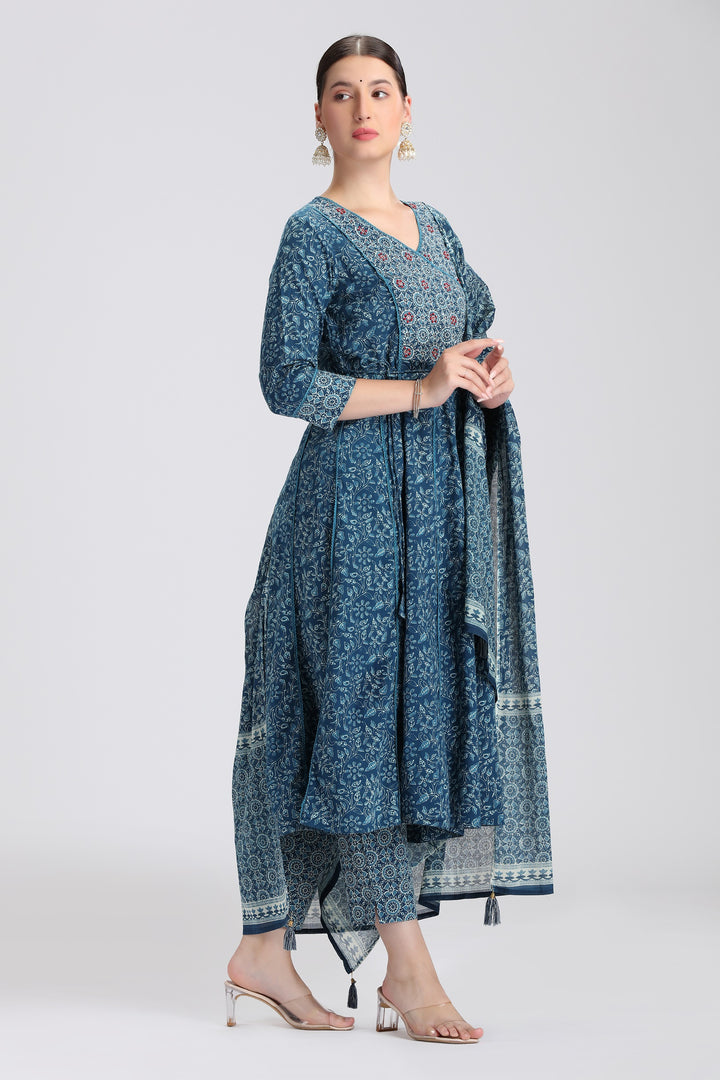 Navy Blue Cotton Printed A Line Kurta Pant and Dupatta Suit Set
