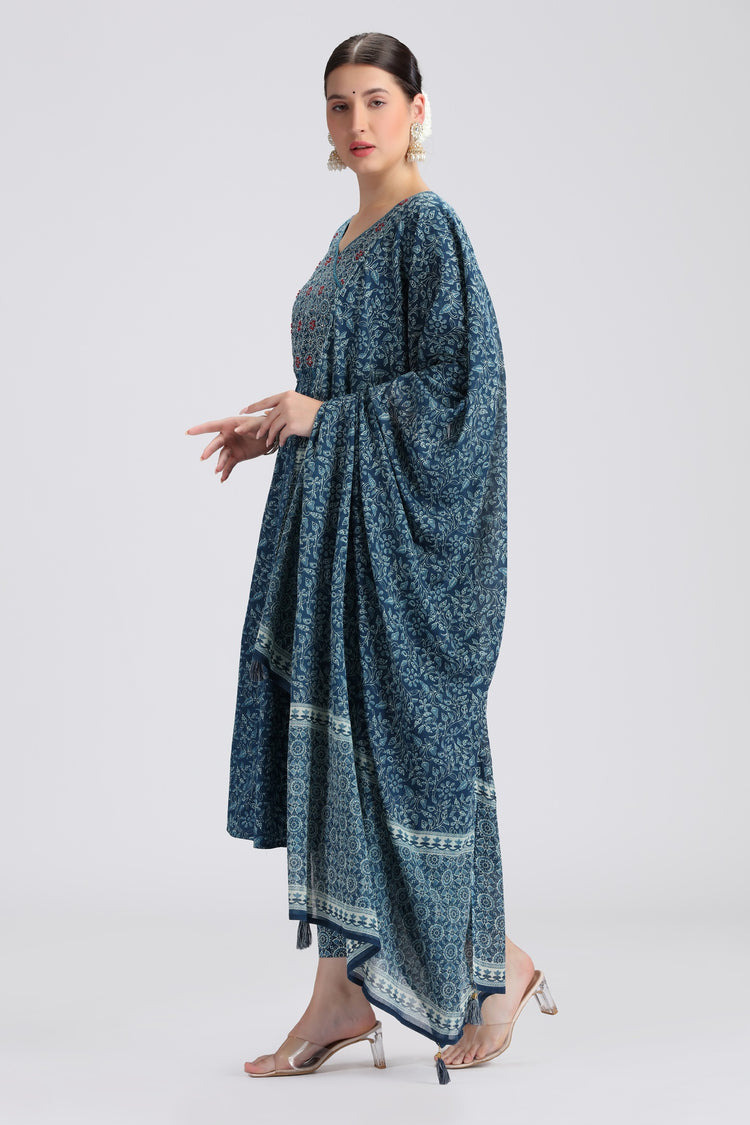 Navy Blue Cotton Printed A Line Kurta Pant and Dupatta Suit Set