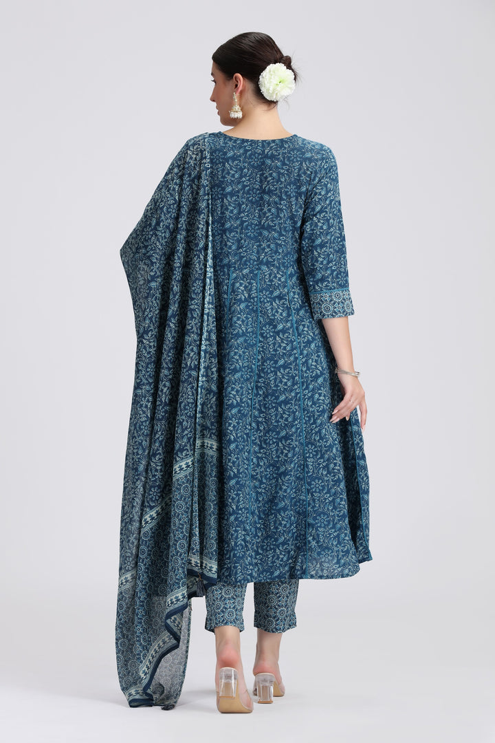 Navy Blue Cotton Printed A Line Kurta Pant and Dupatta Suit Set