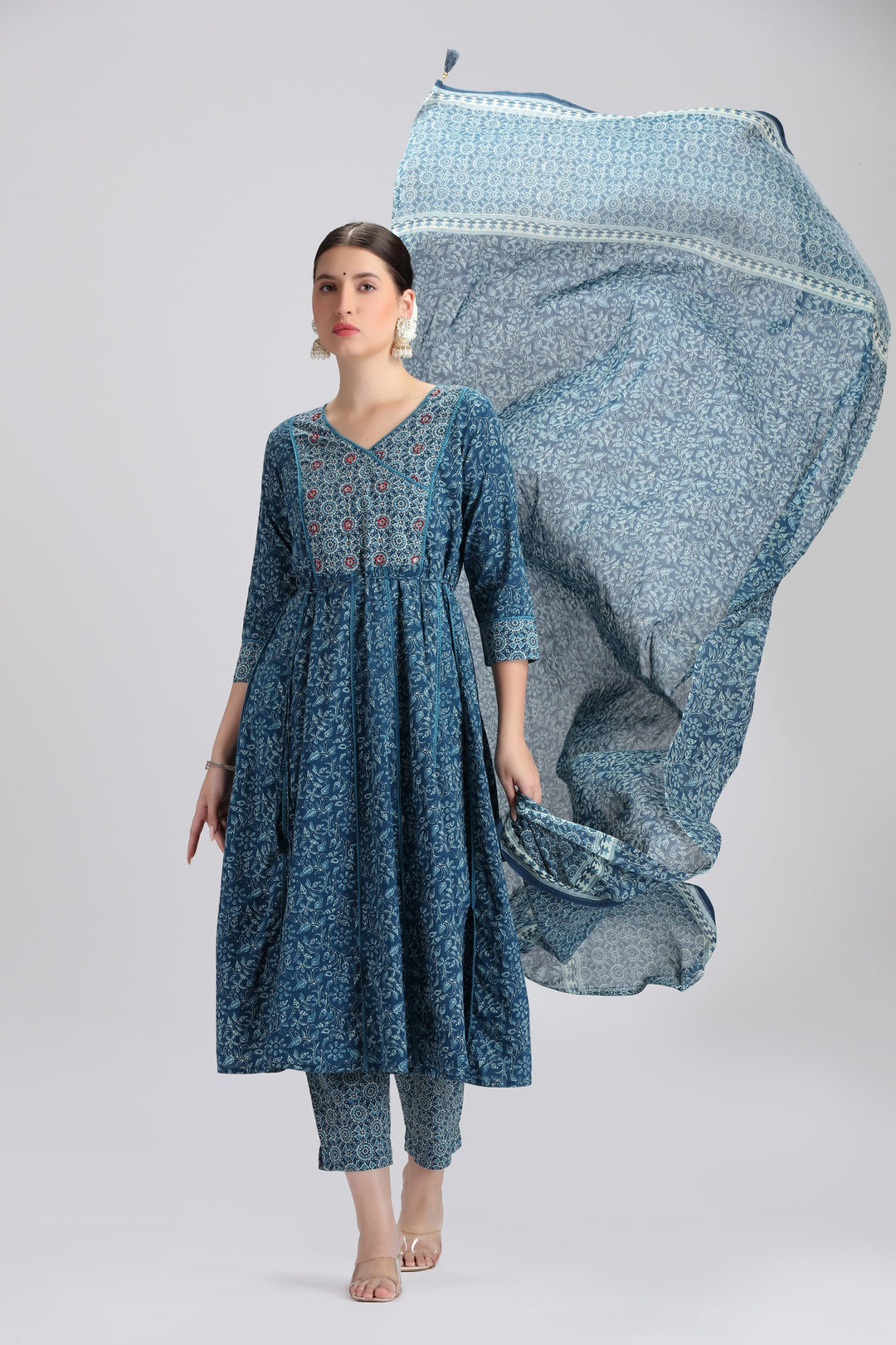 Navy Blue Cotton Printed A Line Kurta Pant and Dupatta Suit Set