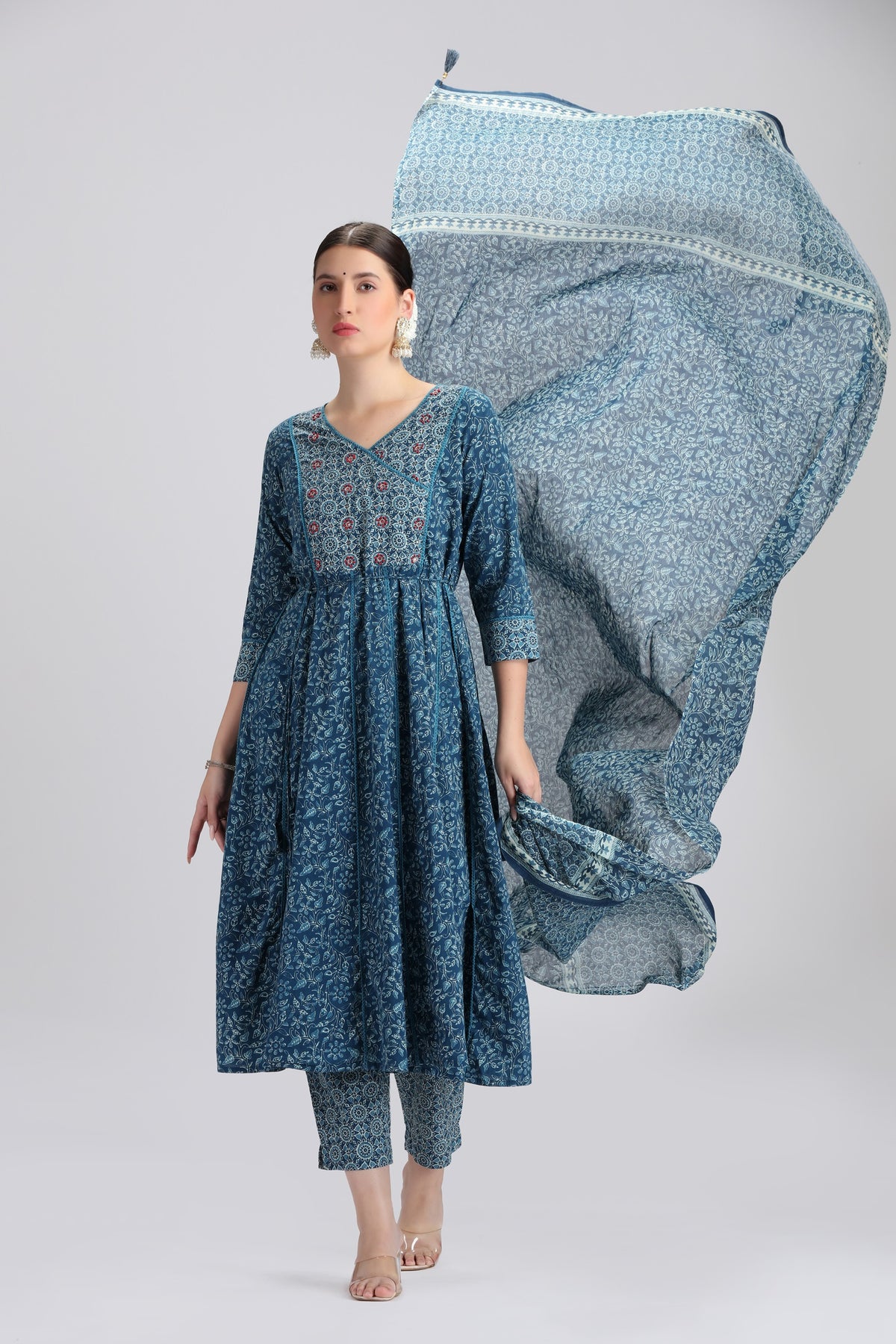 Navy Blue Cotton Printed A Line Kurta Pant and Dupatta Suit Set