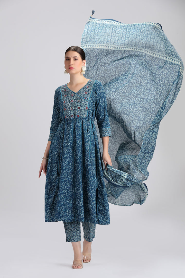 Navy Blue Cotton Printed A Line Kurta Pant and Dupatta Suit Set