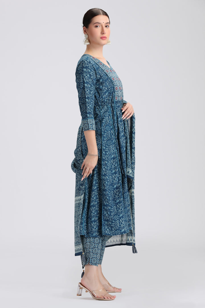 Navy Blue Cotton Printed A Line Kurta Pant and Dupatta Suit Set