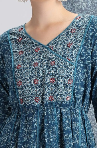 Navy Blue Cotton Printed A Line Kurta Pant and Dupatta Suit Set