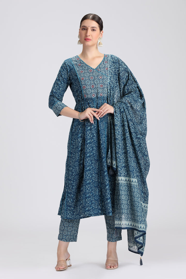 Navy Blue Cotton Printed A Line Kurta Pant and Dupatta Suit Set