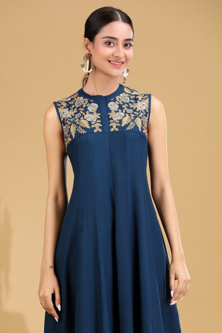 Indigo Embroidered A-Line Dress