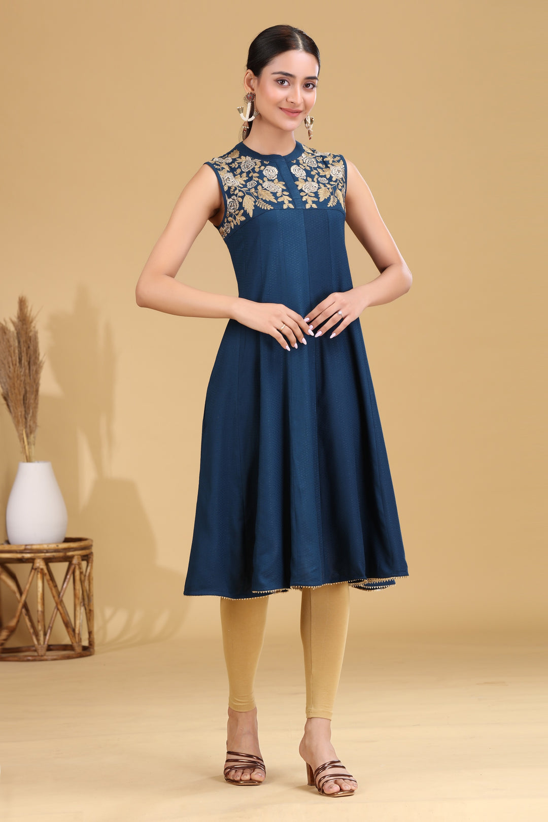 Indigo Embroidered A-Line Dress