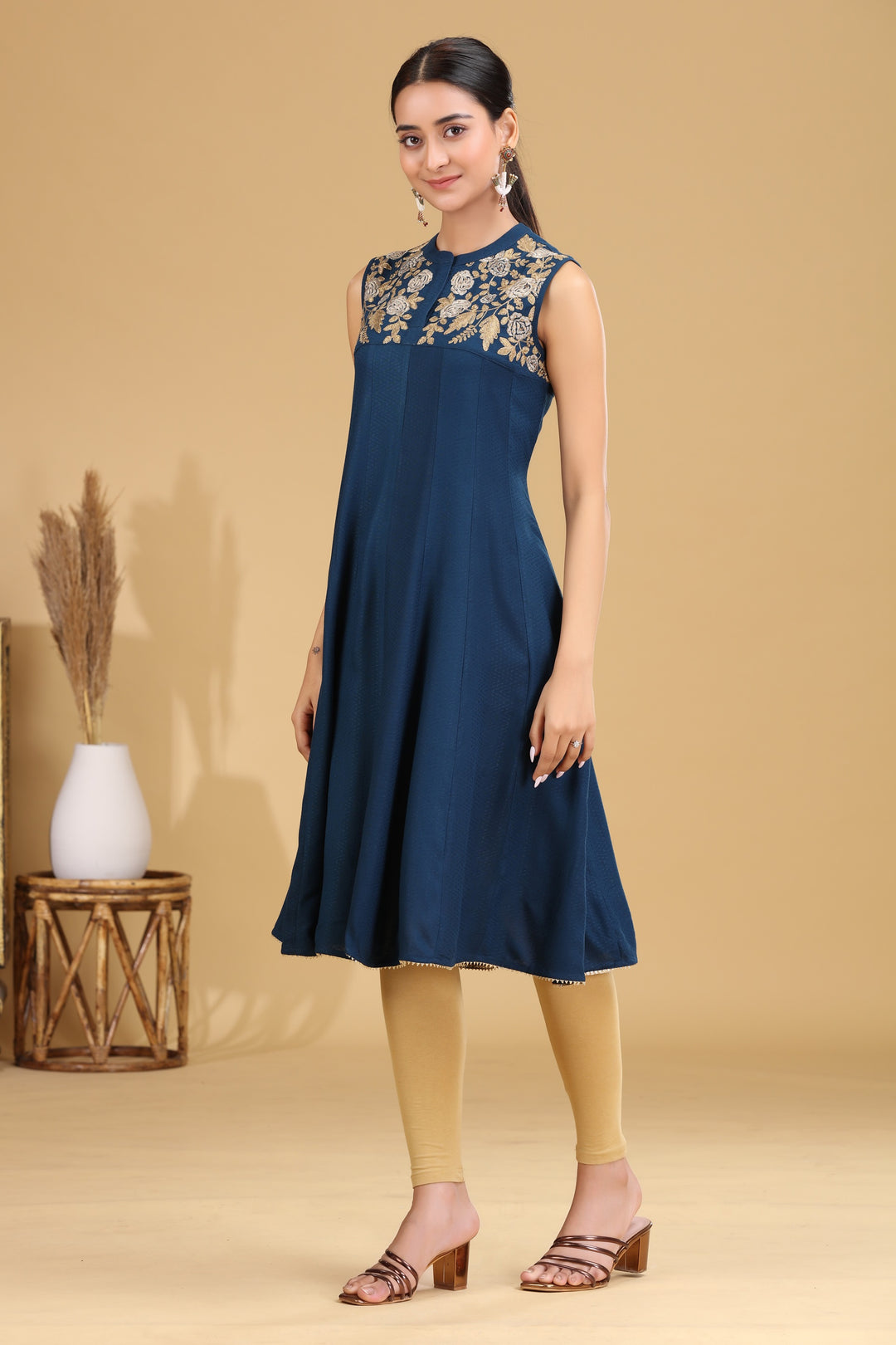 Indigo Embroidered A-Line Dress