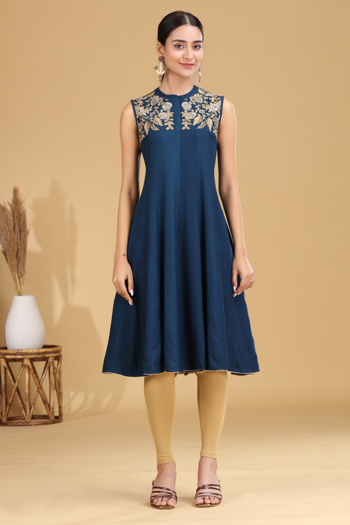 Indigo Embroidered A-Line Dress