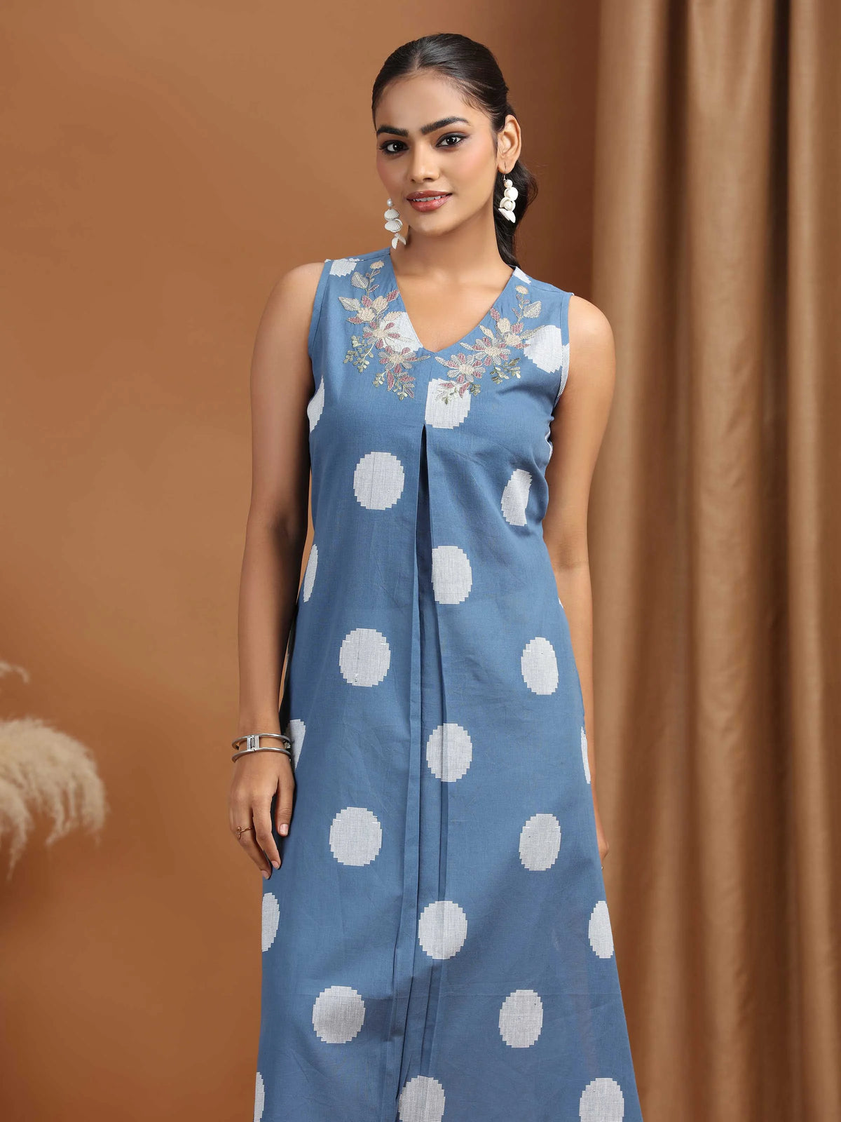 Indigo Embroidered Cotton Flared Dress