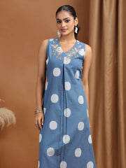 Indigo Embroidered Cotton Flared Dress