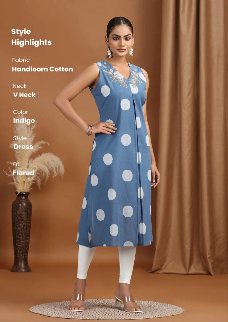 Indigo Embroidered Cotton Flared Dress