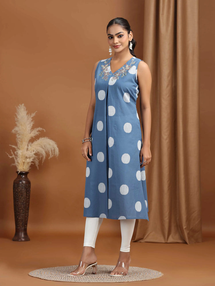 Indigo Embroidered Cotton Flared Dress