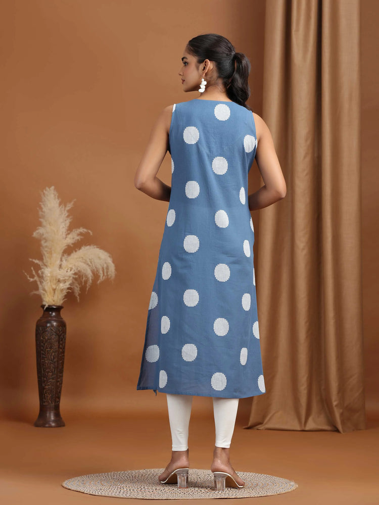 Indigo Embroidered Cotton Flared Dress