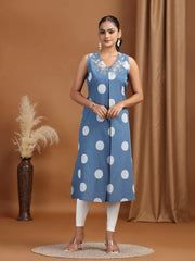 Indigo Embroidered Cotton Flared Dress