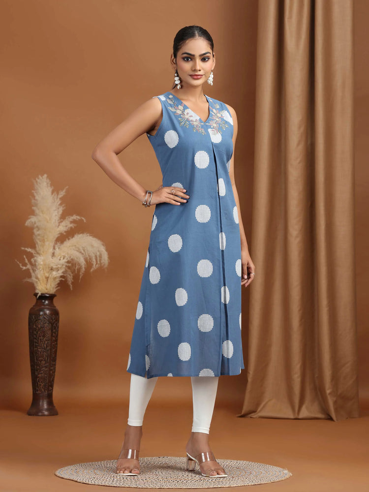 Indigo Embroidered Cotton Flared Dress
