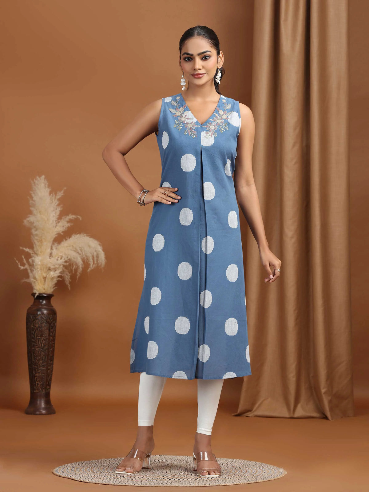 Indigo Embroidered Cotton Flared Dress