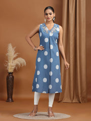 Indigo Embroidered Cotton Flared Dress