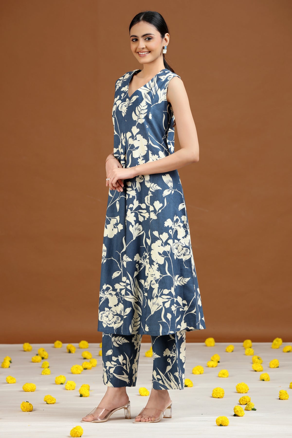 Indigo Floral Printed A-Line Co-ord Set