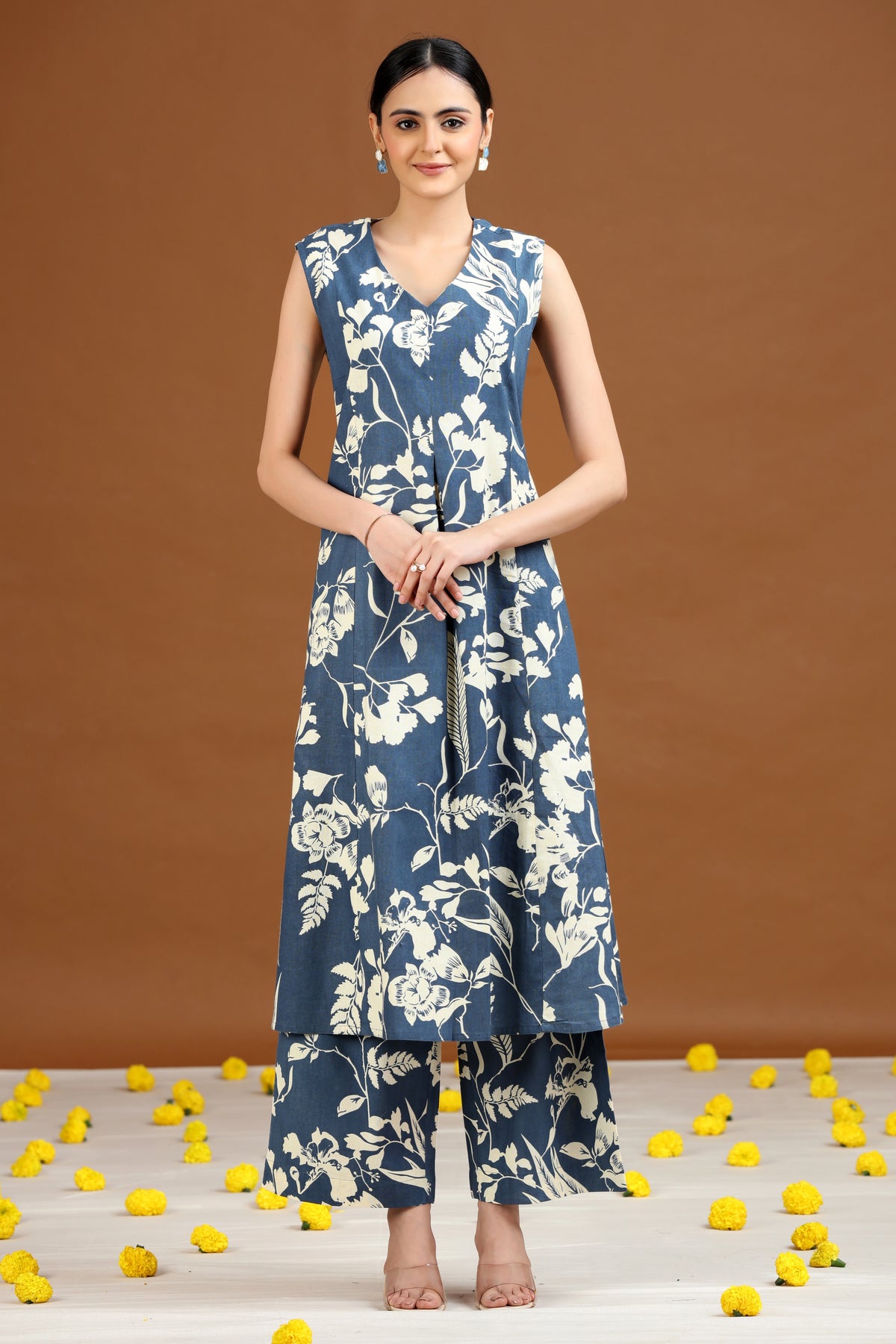 Indigo Floral Printed A-Line Co-ord Set