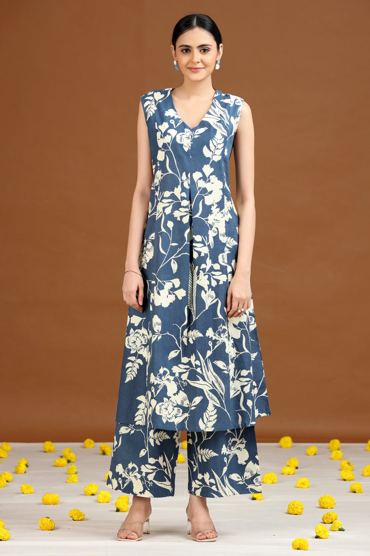 Indigo Floral Printed A-Line Co-ord Set