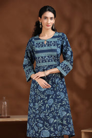 Indigo Floral Printed Cotton Straight Co-ord Set