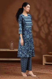 Indigo Floral Printed Cotton Straight Co-ord Set