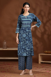 Indigo Floral Printed Cotton Straight Co-ord Set