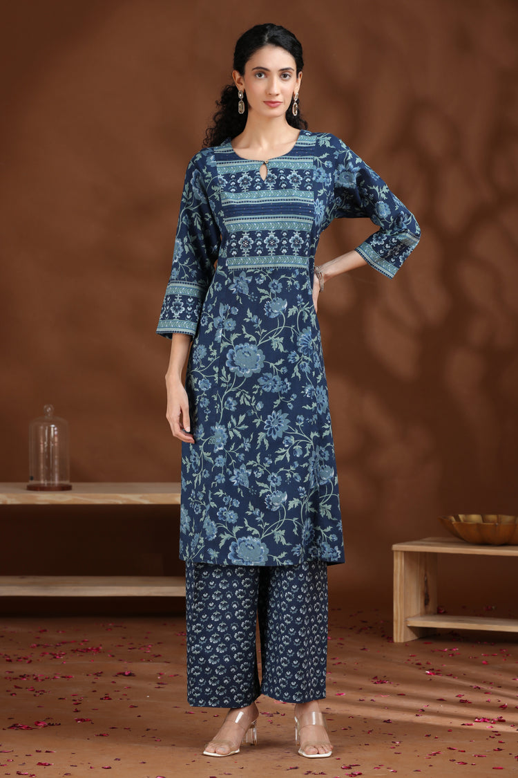 Indigo Floral Printed Cotton Straight Co-ord Set