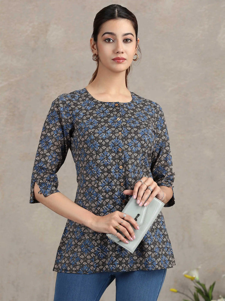 Indigo Floral Printed Cotton Straight Tunic